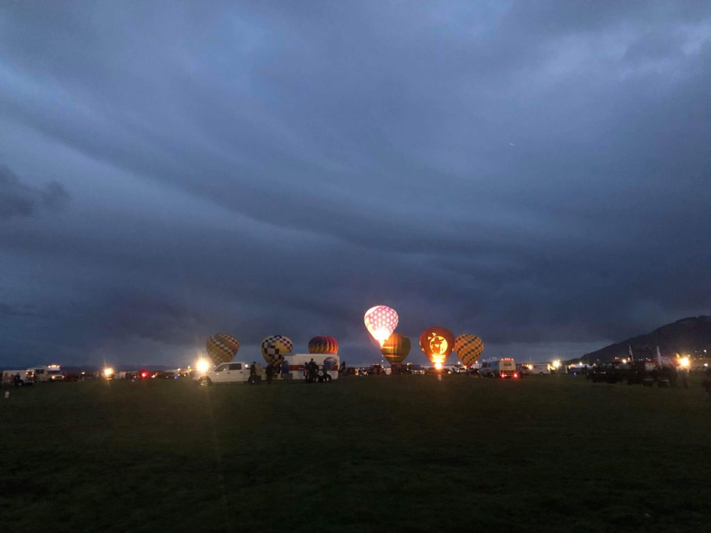 Hot air balloon launch at sunrise in Albuquerque, New Mexico